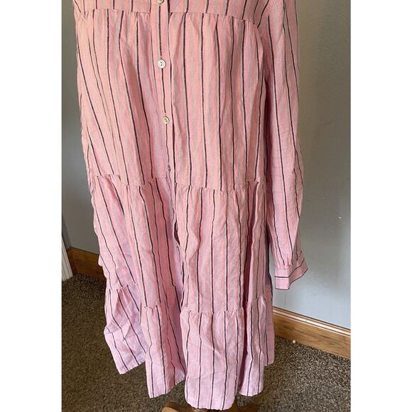 J. Jill Love Linen Shirt Dress MED Pink Stripe Button Front Tiered Ruffle Boho - Picture 3 of 12